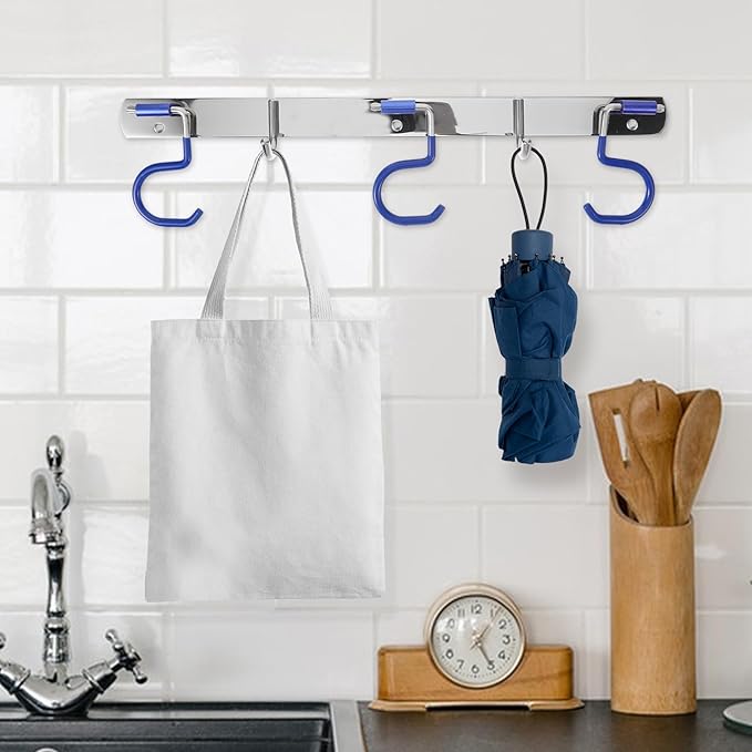 Stainless Steel Mop and Broom Holder Wall-Mounted Utility Hooks with 3 Mop Slots and 2 No-Drill Hooks for Bathroom Towel Storage and Home Organization