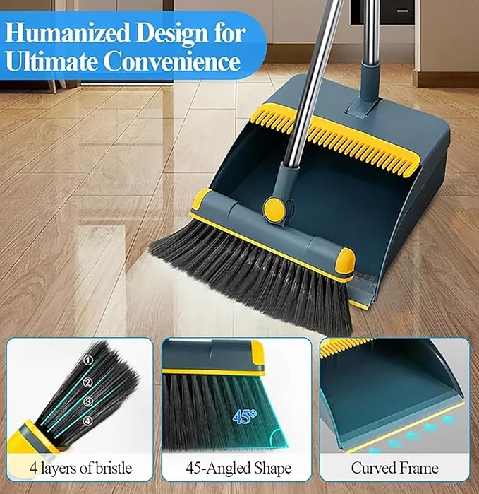 Broom and Dustpan Set 50" Long Handle Foldable Stand Up Broom and Dustpan with Comb Teeth for Indoor & Outdoor Sweeping Home Dog Cat Pets (Blue)