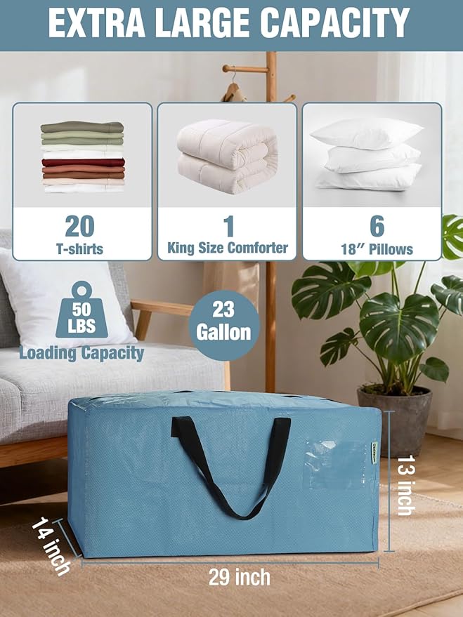 WORKPRO 4 Pack Extra Large Moving Bags with Zippers & Carrying Handles Backpack Straps, Heavy-Duty Storage Tote for Space Saving & Storage, Alternative to Moving Box (Dusty Blue)