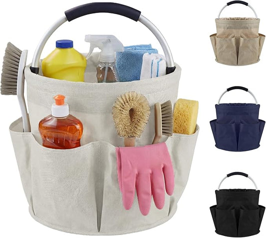 Cleaning Caddy with Handle and 6 Pockets, 17L Cleaning Supplies Organizer, 600D Oxford Fabric Storage Basket, Multifunctional Bucket Bag for Picnics, Camping, Gardening, Bathing (Off-White)
