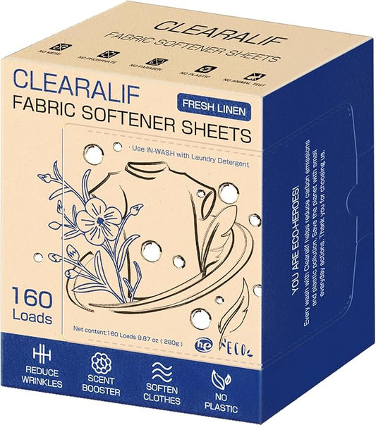 CLEARALIF laundry Fabric Softener Sheets, Fresh Linen Scent, 160 Loads, Eco Friendly, Great For Travel, Apartments, Dorms.