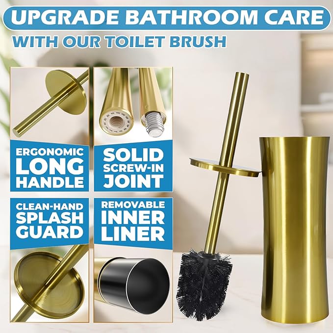 Stainless Steel Toilet Brush and Holder, Golden Toilet Cleaner Brush, Toilet Bowl Brush and Holder for Bathroom Storage Organization