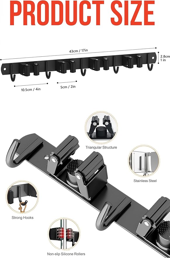 2 Pack Mop and Broom Holder Wall Mount, Upgraded Broom Hanger Wall Mount, Stainless Steel Broom Organizer for Closet Garage Laundry Room Kitchen Wall Decor Black 4R5H