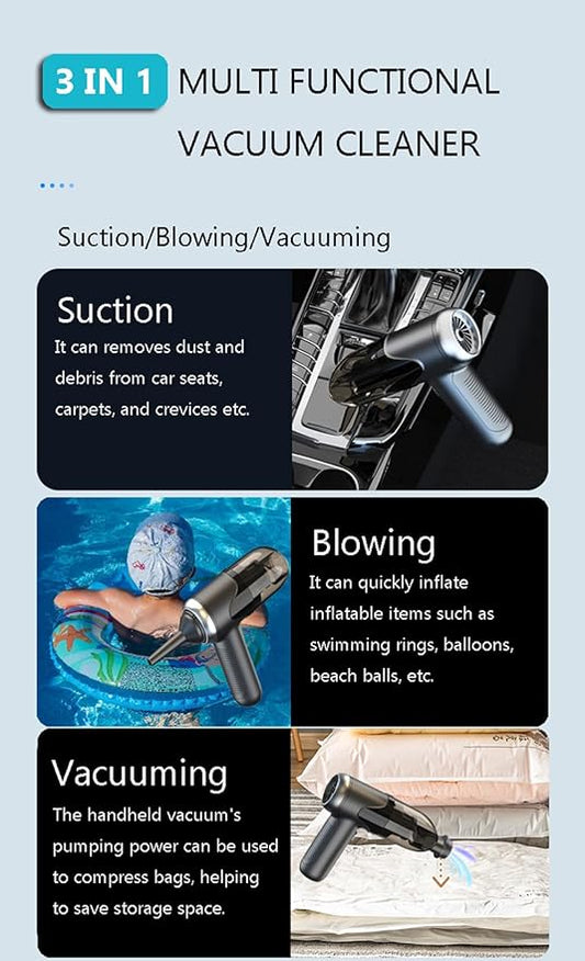 TEZILON Handheld Car Vacuum Cordless Small Portable High Power Mini Vacuum Cleaner, HEPA Filter Rechargeable 3 in 1 Dust Buster/Air Blower/Inflator, 7 Tools for Pet Hair/Keyboard/Snow Debris/Sofa/Car
