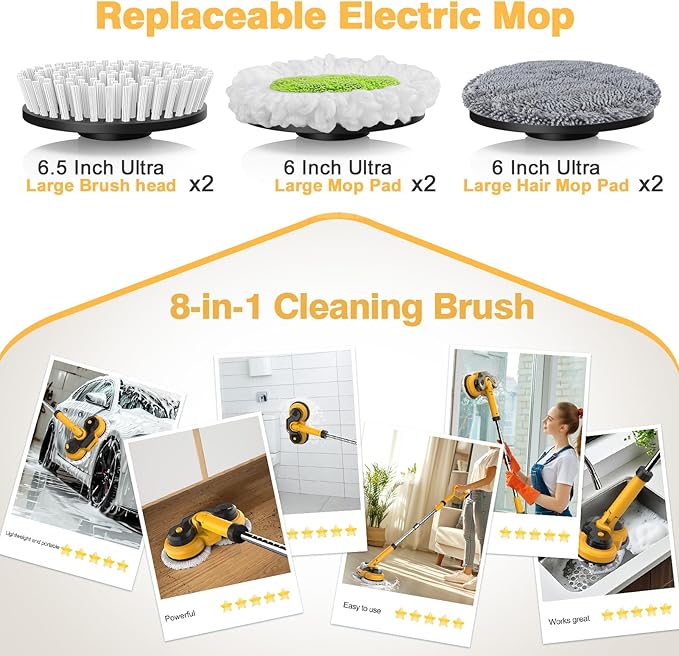 Cordless Electric Mop for Dewalt 20V Battery (NO Battery), 2 in 1 Spin Mop & Electric Floor Scrubber Machine with LED Light & Water Spray, 800 RPM Rotating Electric Mops for Floor Cleaning (Golden)