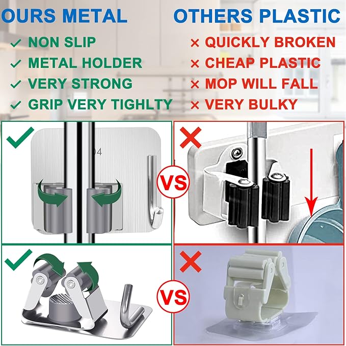Broom Holder Self Adhesive No Drill Wall Mount Mop Broom Organizer with Hook Heavy Duty Stainless Steel Garden Tool Organizer Garage Storage and Organization Hanger (Silver + Grey)