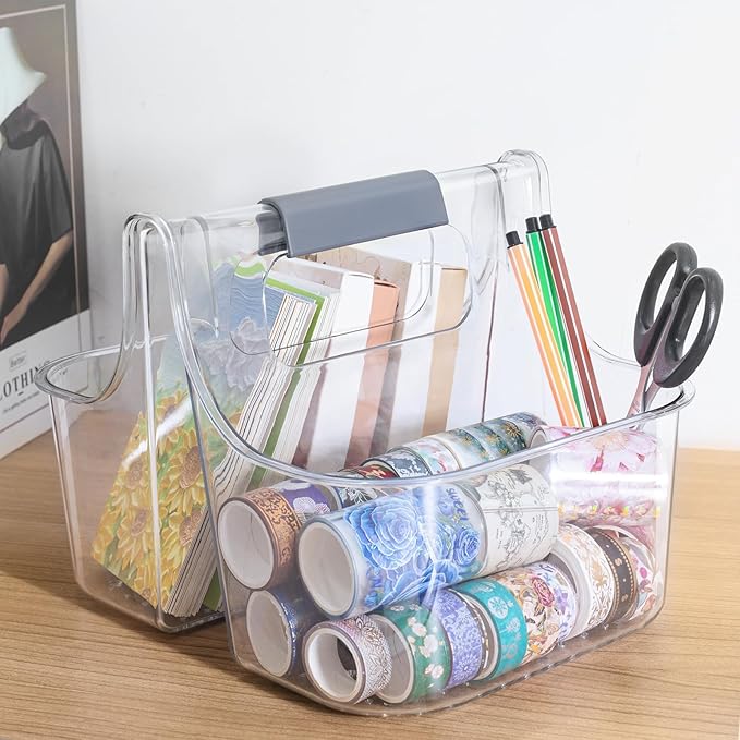 tutata Clear Caddy Organizer with Handle, Shower Caddy, Stackable Plastic Bin Basket for Bathroom, Shower, Craft organizer