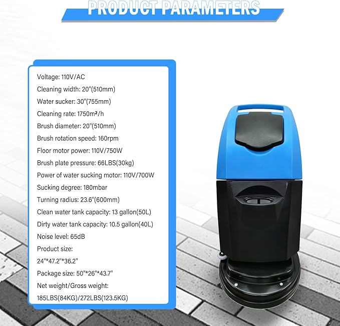 Floor Scrubber Machine 20" Cleaning Width, Dual Tanks Total 23.5 Gallons for Mall/Hotel/Office/Factory 110V
