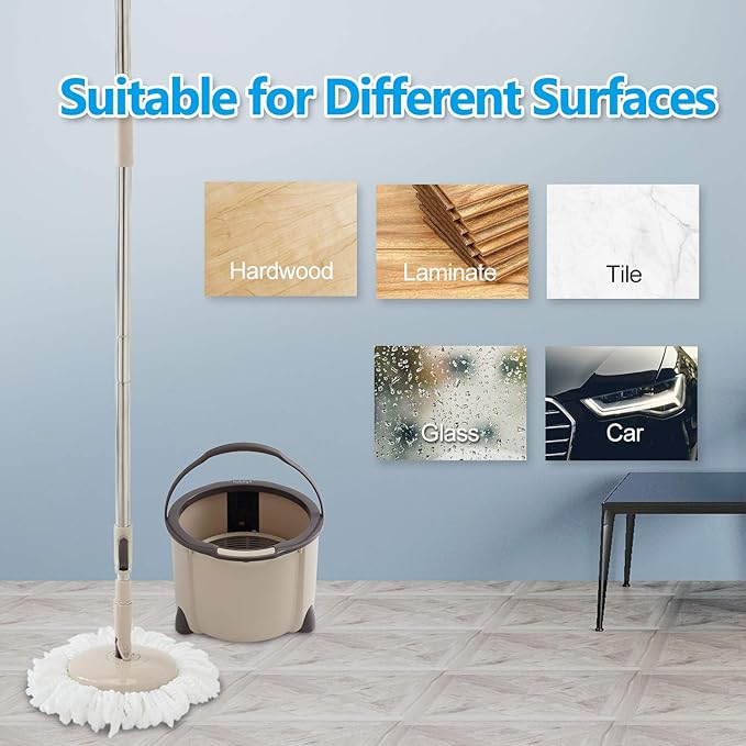 Eyliden 360° Spin Mop Bucket System - Rapid Dry, 2 Microfiber Pads, Adjustable Handle - Mop and Bucket for Home & Commercial Floors, Brown