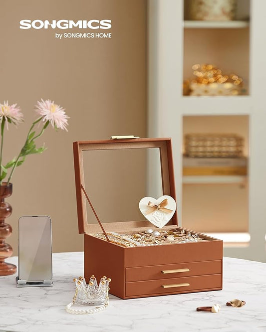 SONGMICS GISELLA Collection - Jewelry Box Organizer, 3-Layer Jewelry Storage with 2 Drawers, Shiny Metal Hardware, Glass Lid, Modern, 8 x 9.1 x 5.3 Inches, Caramel Brown and Gold Color UJBC239K01