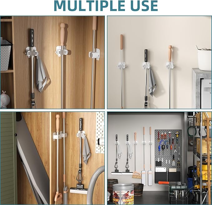 TAILI Mop and Broom Holder Wall Mount Grippers, 3 Hangers and 8 Adhesive Strips, Damage Free Hanging Wall Mount, Household Cleaning Organizer for Organization and Storage, Holds up to 4 lbs, White