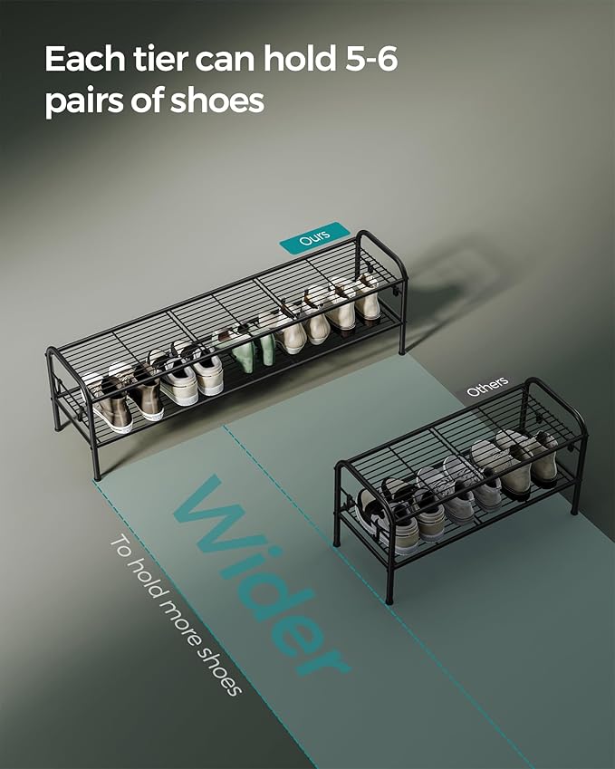 SONGMICS Shoe Rack, 2-Tier Shoe Organizer, Metal Shoe Shelf Storage with 4 Side Hooks, Holds 12 Pairs of Shoes, Height-Adjustable Shoe Rack for Entryway, Hallway, Closet, Easy Assembly, Ink Black