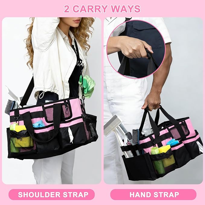 Large Cleaning Caddy Bags, Cleaning Supplies Organizer with Handle & Adjustable Shoulder Straps, 14.7-inch Pink Tool Bag, Cleaning Bags for Housekeepers, Cleaners, Gifts