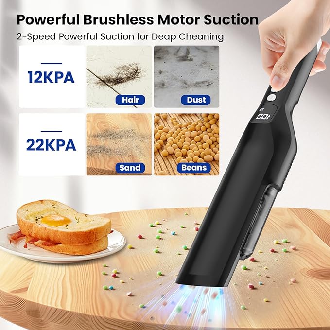 Handheld Vacuum Cordless, 24Kpa Car Vacuum with Brushless Motor, Charging Dock, Rechargeable, 1.5lbs Portable Handheld Vacuum with 2-Speed for Home/Car/Pet, Black