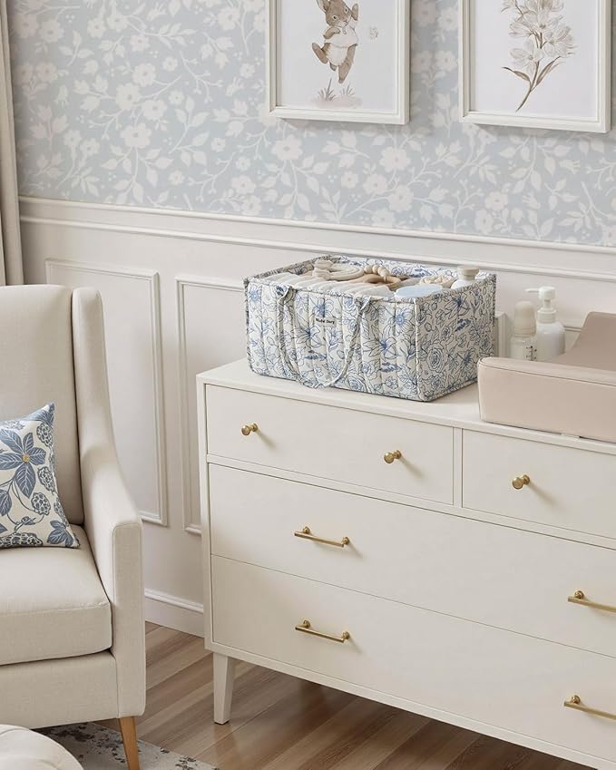 Blissful Diary Floral Diaper Caddy Organizer, Stylish Nursery Storage Basket, Gift for Baby Shower, Baby Registry Must Have, Newborn Essentials, Blue Floral