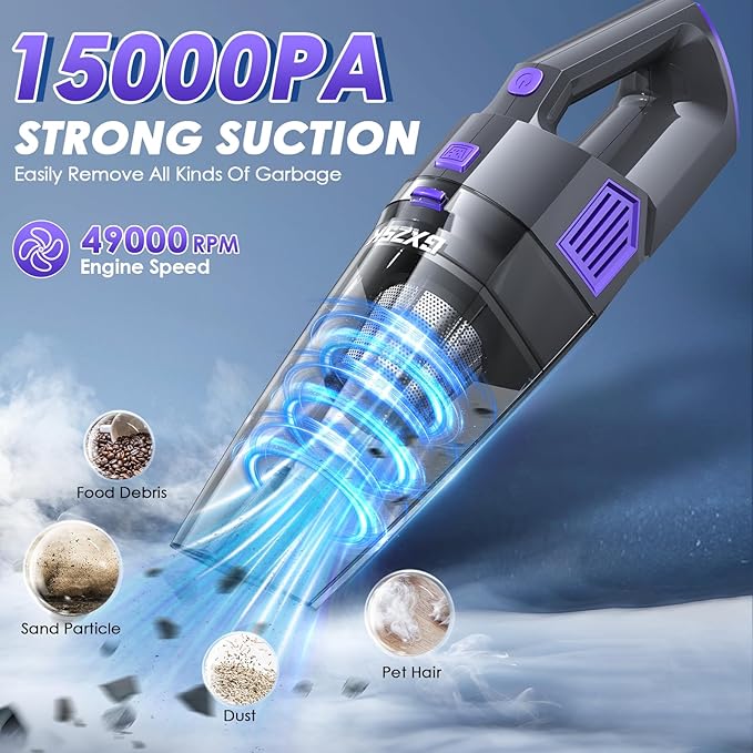Handheld Vacuum Cordless, 15000PA Strong Suction Hand Held Car Vacuum Cleaner Rechargeable, Portable Hand Vacuum with Multi-Nozzles & Washable Filter for Home Office, Car, Pets