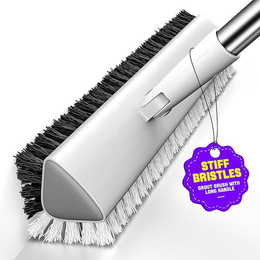 Grout Brush with Long Heavy Duty Handle, 180° Swivel Floor Scrub Brush, V-Shaped Grout Line Scrubber with Stiff Bristles, Cleaning Brush for Deep Cleaning Tile Grout, Shower, Kitchen, and Concrete