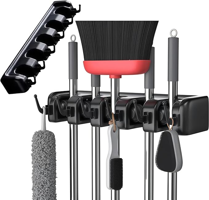 Broom Holder Wall Mount,Broom and Mop Organizer Wall Hanging,Broom Holder with Hooks and Slots for Home,Garage,Garden,Laundry,Kitchen