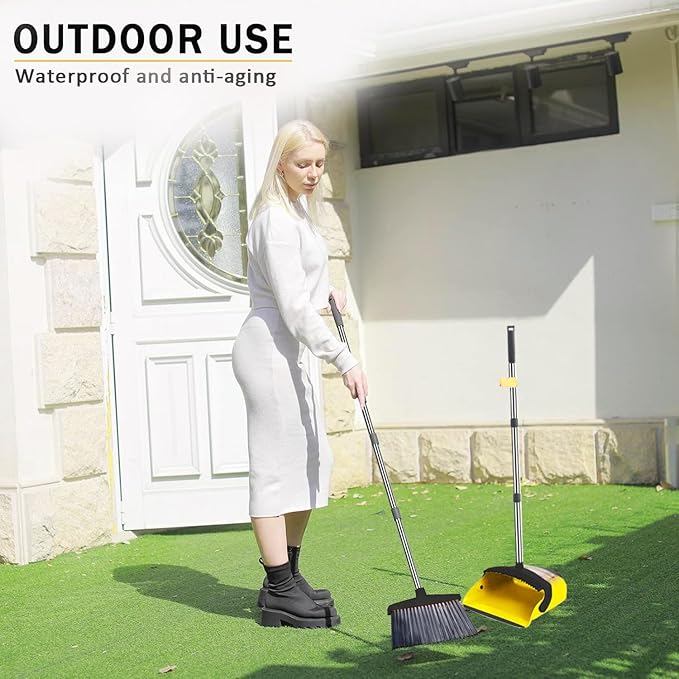 Upgraded Broom and Dustpan， with 52" Long Handle, Dustpan Teeth with self-Cleaning Function, Indoor and Outdoor Sweeping, Perfect for Home Office