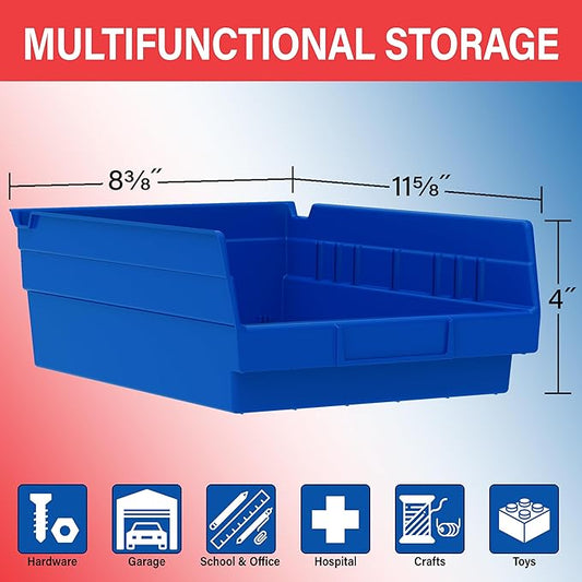 Akro-Mils 30150 Plastic Shelf Bins, Heavy Duty Storage Bins for Garage, Closet, and Drawer Organization, 12" x 8" x 4", Blue, 12-Pack