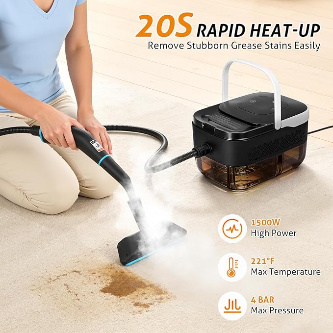 WICHEMI High Pressure Steam Cleaner Handheld Steam Cleaner Steamer for Cleaning Electric Steam Cleaning Machine for Home Kitchen Auto Car Detailing (Black+White)