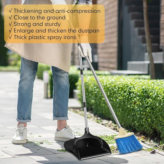 Maxcheck 4 Pcs 37 Inch Lobby Dust Pan Bulk Upright Lobby Dust Pan Plastic Commercial Dustpan with Long Handle Upright Standing Dustpan Heavy Duty for Office Home Indoor Outdoor Use (Black)