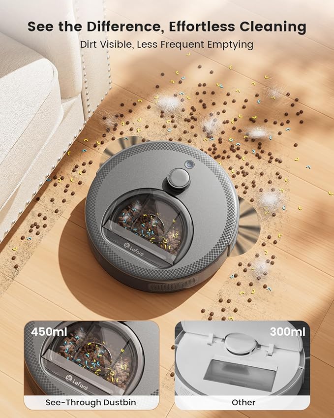 Lefant Robot Vacuum and Mop, Upgraded LiDAR Navigation, 450ml Visible Dustbin, Strong Suction, Multi-Floor Mapping, Self-Charge, WiFi/Alexa/APP, Multi-Surface Cleaning, M330 Pro Grey