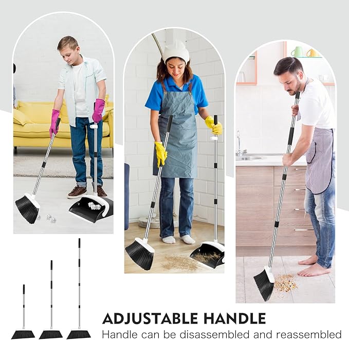 Broom and Dustpan Set, 55-in Long Adjustable Handle Broom with Dustpan Combo Set with Dustpans Teeth to Automatically Clean Hair Suitable for Home Kitchen Office Hall Lobby, Large(Black&White)