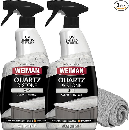 Weiman Quartz Countertop Cleaner and Polish - Clean and Shine Your Countertops Islands and Stone Surfaces with UV Protection, 24 Ounce with MicroFiber Towel, 2 Pack