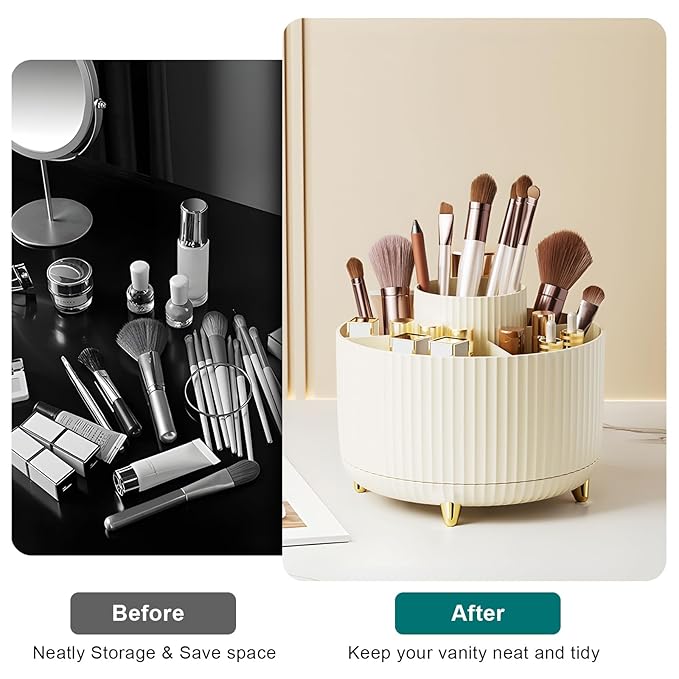Diesisa Makeup Brush Holder Organizer,360° Rotating Makeup Brush Organizer,5 Slot Make up Brushes Cup for Cosmetics, Nail Polish, Art Supply, Bathroom Vanity Desktop Organizer - Cream
