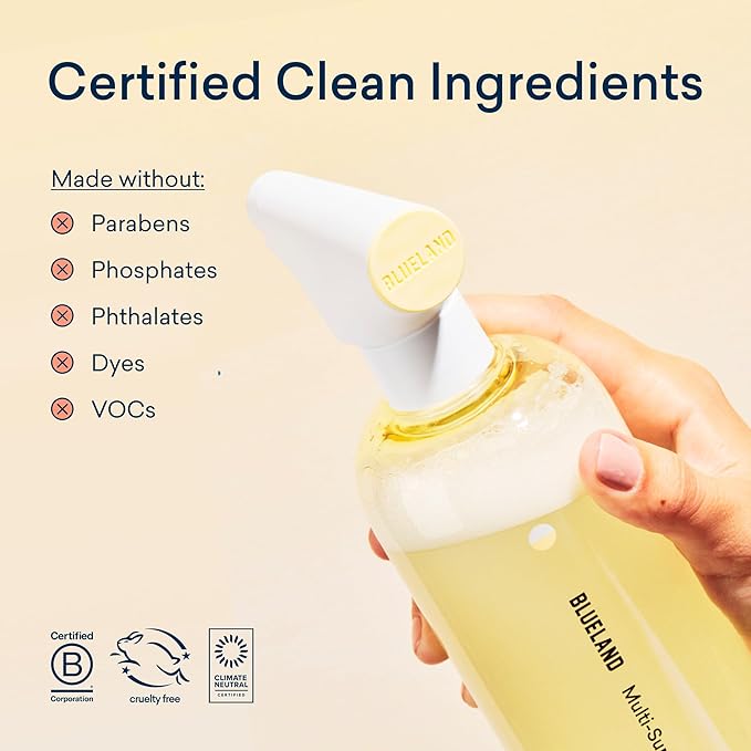BLUELAND Multi-surface Cleaner, Starter Set, Fresh Lemon Scent, Spray Bottle with 4 Refill Tablets, All-Purpose, Eco-Friendly Cleaning Supplies, 4 x 24 Fl oz