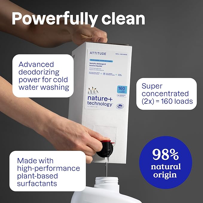 ATTITUDE Liquid Laundry Detergent Refill, EWG Verified, HE Compatible, Plant-Based & Vegan, Natural Laundry Soap, Pink Grapefruit Scent, 160 Loads, 135.26 Fl Oz