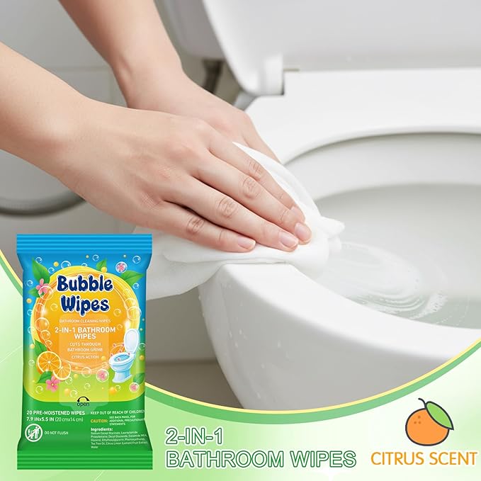 10 Pack Bathroom Cleaning Wipes – 200 Count Citrus Scented 2-in-1 Cleaner bubble Wipes for Bathroom Toilet, Sink, Tile & Shower – Reusable Sealable Pouch, No Scrubbing Needed