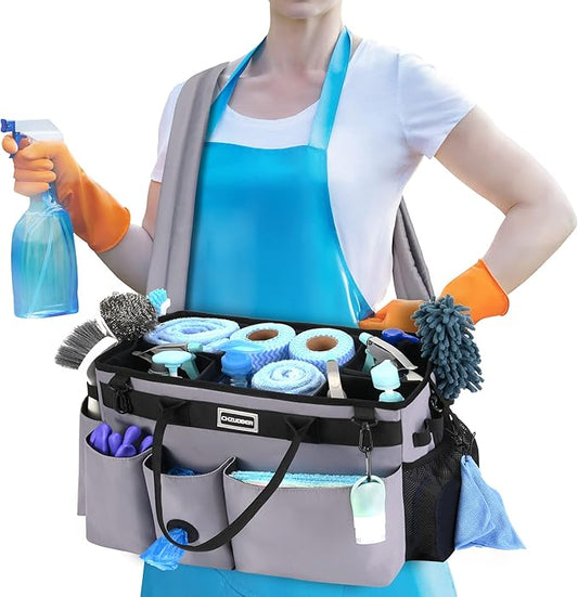 Large Cleaning Caddy Organizer with Handle, Sponge Shoulder Strap Cleaning Supplies Organizer with Foldable Dividers Zipper Pocket Cleaning Supply Caddy for Cleaners Housekeepers
