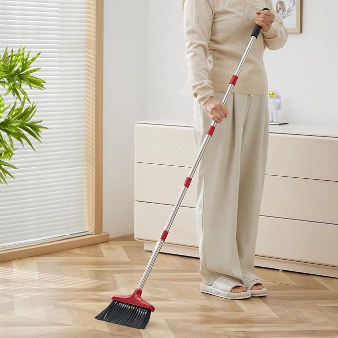 Broom and Dustpan Set Lightweight Upright Lobby Broom and Dust Pan Combo with Long Handle Outdoor Indoor for Home Kitchen Room Office (Red and Black)