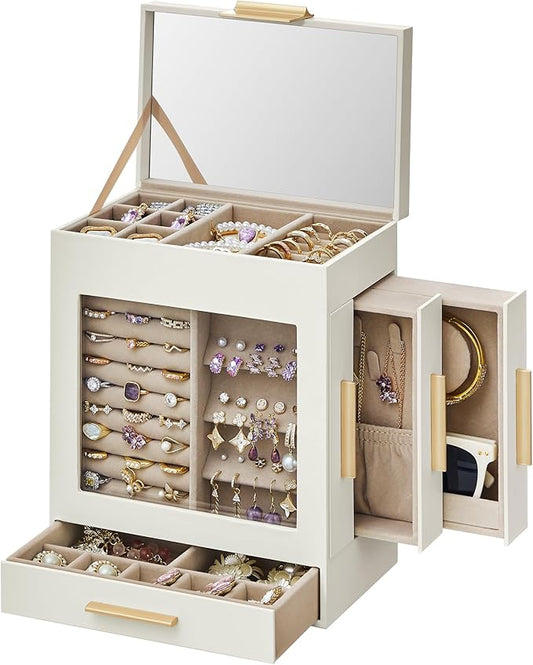 SONGMICS Jewelry Box with Glass Window, 5-Layer Jewelry Organizer with 3 Side Drawers, Jewelry Storage, with Big Mirror, Modern, 5.1 x 7.9 x 9.7 Inches, Cloud White and Metallic Gold UJBC172W01