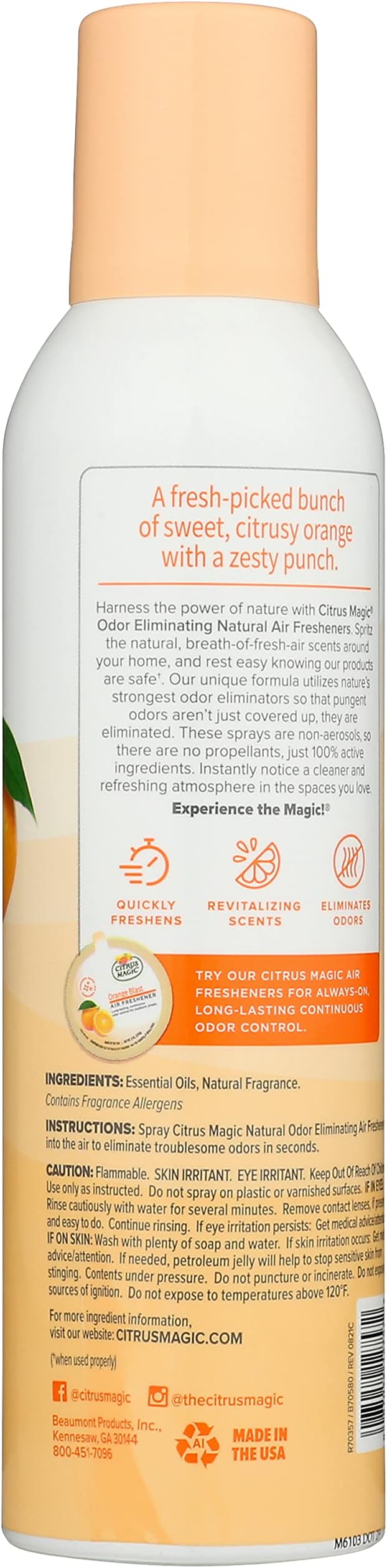 Citrus Magic Odor Eliminating Air Freshener Spray, Orange Blast, 6 Ounce (Pack of 2) - Packaging May Vary
