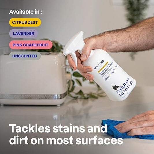 ATTITUDE All Purpose Cleaner Spray, EWG Verified, Vegan, Made with 94% Plant-Based Ingredients, Streak-Free for Kitchen, Bathroom, Glass & More, Unscented, 27.1 Fl Oz