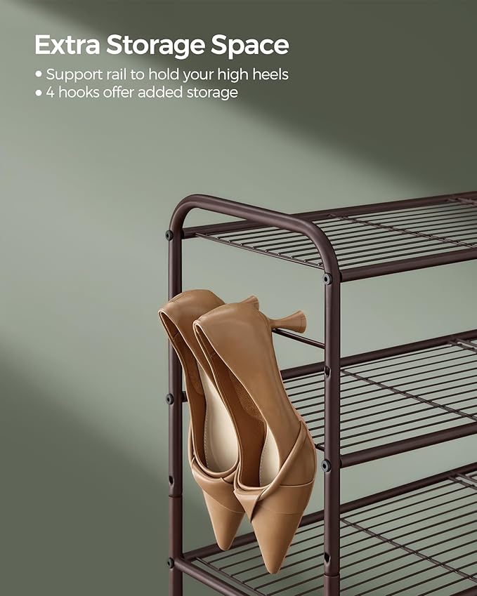 SONGMICS 2-Tier Shoe Organizer, Metal Shelf Storage With 4 Side Hooks, Holds 10 Pairs, Height-Adjustable Rack for Entryway, Hallway, Closet, Easy Assembly, Chestnut Brown