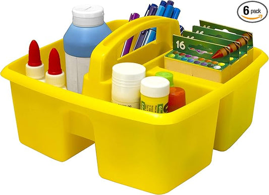 Storex 3-Compartment Small Caddy – Multipurpose Classroom Organizer with Handle, Yellow, 6-Pack (00950U06C)