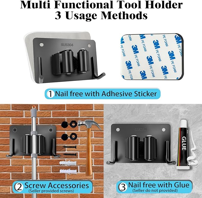Mop and Broom Holder Wall Mount Stainless Steel 304 Tool Garage Organization Rack Screw and Self Adhesive Broom Hanger Heavy Duty 4pcs (Double Hooks Big Size，4pcs Black), TBJ001