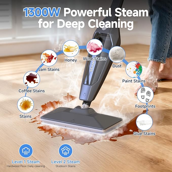SENMO Steam Mop, 14-in-1 Detachable Steam Cleaner for Home and Floor, 1300W 228°F Deep Cleaning MultiPurpose Steamer with 14 Attachments for Floor, Tile, Grout, Furniture, Carpet, Wall (Black)