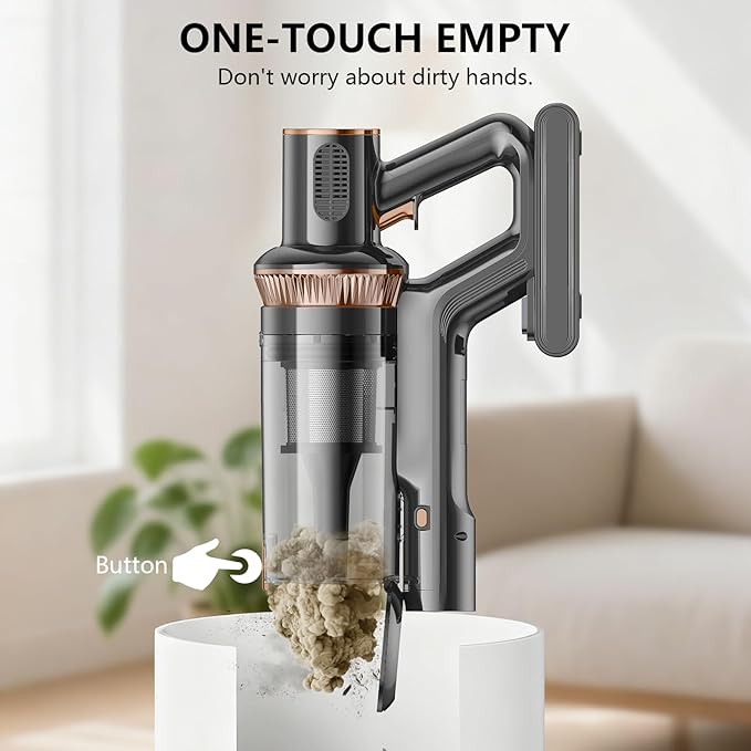 Cordless Vacuum Cleaner, 450W 48KPA Suction Power, 50 Minutes Runtime, Rechargeable Stick Vacuum for Carpet, Tile, Pet Hair, Hardwood Floors, Black Gold