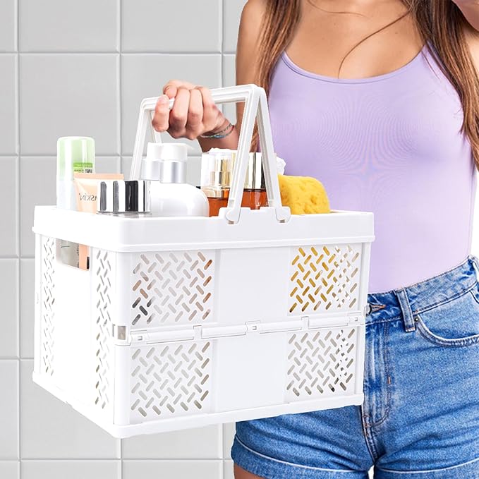 Portable Plastic Shower Caddy with Handle - Multi-Functional Organizer for Dorm, Bathroom, and Cleaning Supplies Storage - Collapsible Baby Bath Caddy and Dorm Shower Caddy - White
