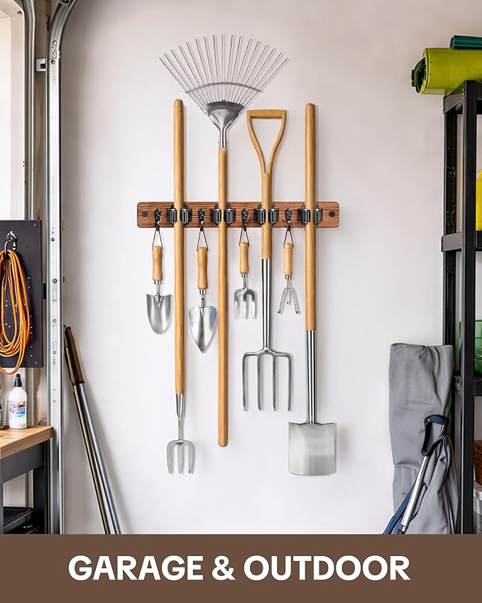 Lorbro 2 Pack Broom Holder Wall Mount, Wooden Broom and Mop Organizer Wall Hanging, Mop Hanger Rack with 4 Slots & 4 Hooks, Tool Organizer for Laundry Room, Closet, Garage, Kitchen
