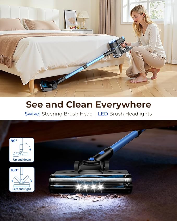 N8 Cordless Vacuum Cleaner, Lightweight Stick Vacuum with Powerful Suction,2200mAh Battery, 40 Mins Runtime, Self-Standing,Rechargeable Vacuum Cleaners for Home Hardwood Floor Carpet Pet Hair (Azure)