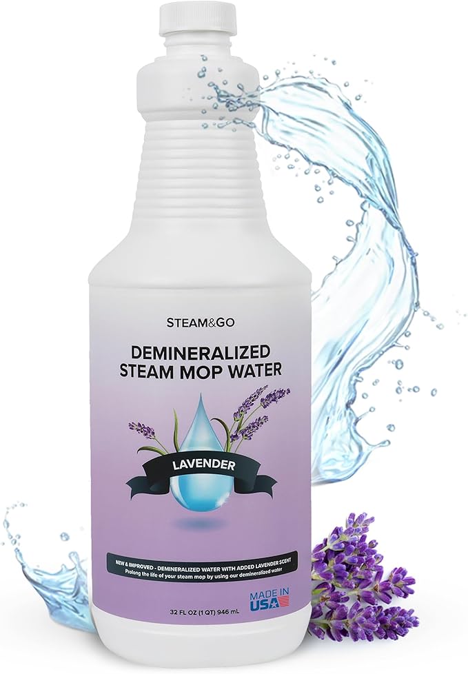 Steam & Go Demineralized Water for Steam Cleaner - PVC-Free Floor Cleaning Solution Compatible for All Steam Mops - Multi-Surface Cleaner for Home Surfaces - Lavender Scent, 32 oz