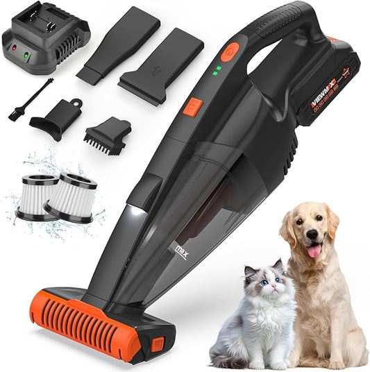 Pet Hair Vacuum, Handheld Vacuum Cordless Rechargeable with LED, 10000Pa Suction, 20V Lightweight Portable Hand Vacuum with Multi-Nozzles & Washable HEPA Filter for Pet Hair, Car and Home