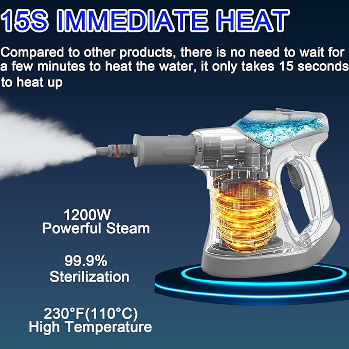Handheld Steam Cleaner for Home, 10S Immediate Heat Hand Held Steam Cleaner, with Visualized Large Water Tank & 9 PCS Accessories & Safety Lock, for Kitchen,Couch,Floor,Window,Car (WHITE+GREY)