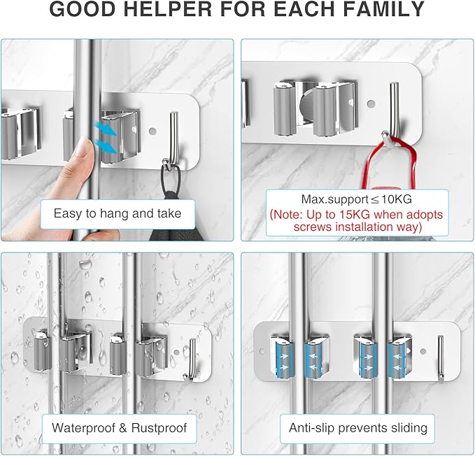 Wall Mount Mop and Broom Holder, Heavy Duty Stainless Steel Organizer Rack with Hooks | 2-Pack, 2-in-1 No Drill & Screw Installation, Silver